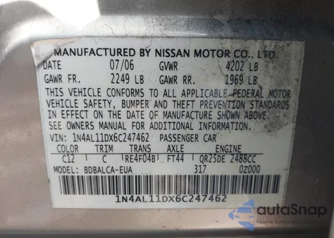 2006 Nissan Altima 2.5 S from USA, damaged, VIN 1N4AL11DX6C247462